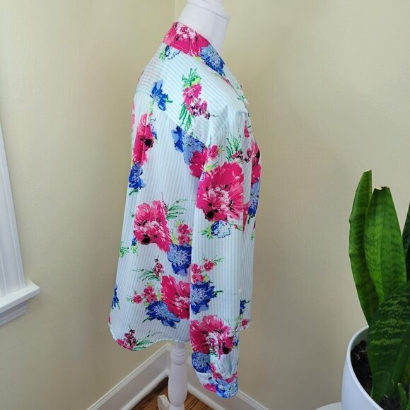Chico’s Striped Floral Print Blouse Roll Tab Sleeve Pink Blue Women’s Size L - Picture 6 of 13
